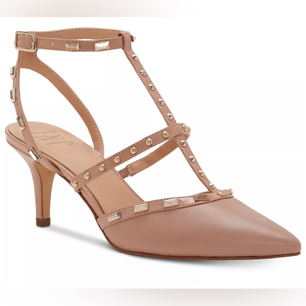 INC International Concepts Carma Pointed Toe Studded Kitten Heel Pumps- blush